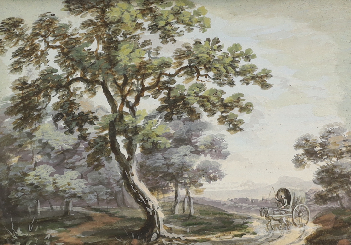19th century School, pair of gouaches, Anglers beside a river and horse & cart on a pathway, each with ink inscriptions verso, 9.5 x 14cm, housed in ebonised frames